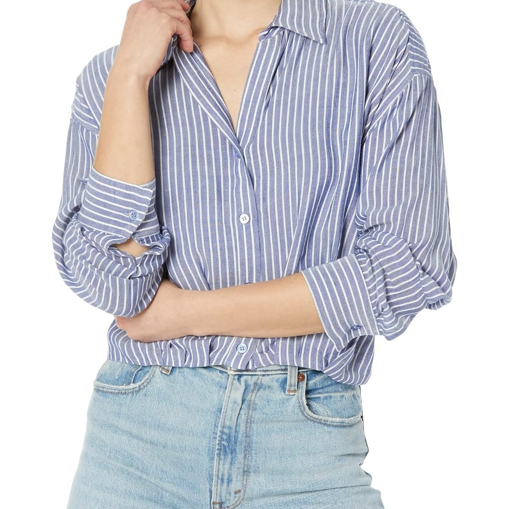 Kut from the Kloth blue striped wide button down baggy shirt blouse top collar